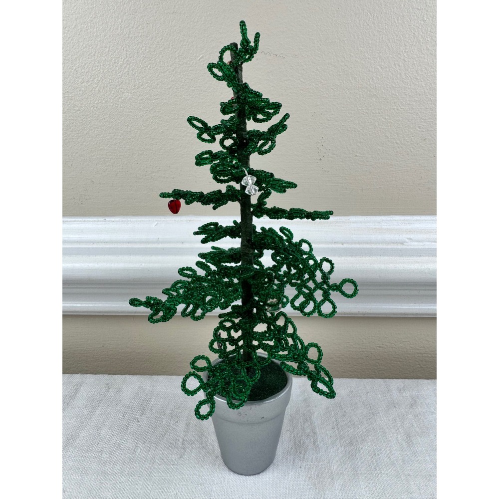 Green Glass French Beaded Miniature Christmas Tree Tabletop Holiday Decor 9"